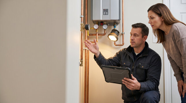 Professional plumber explains tankless water heater inspection to homeowner in utility room, reviewing plumbing system with tablet during residential service consultation, copy space.