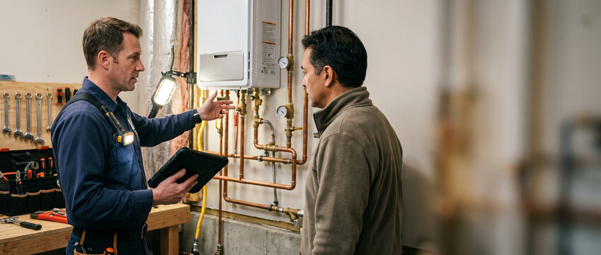 Professional plumber explains tankless water heater inspection to homeowner in utility room, reviewing plumbing system with tablet during residential service consultation, copy space.