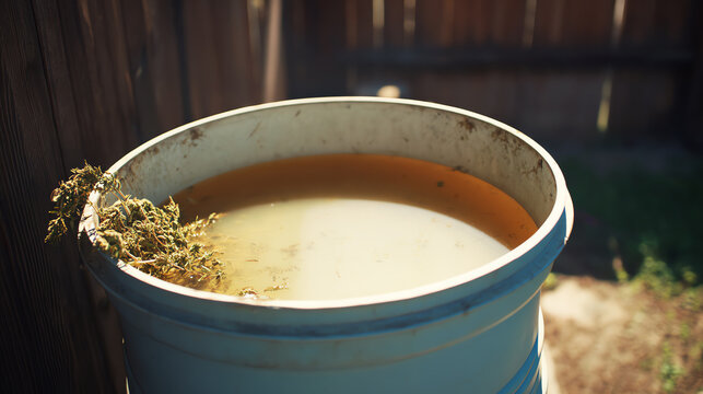 A close-up of an aged blue barrel filled with murky water, showcasing nature's impact and environmental concerns.