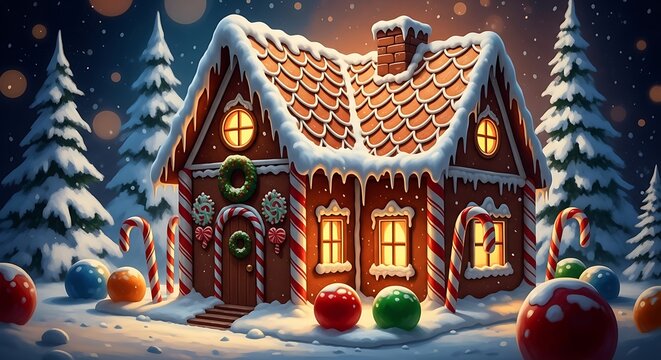 Whimsical christmas gingerbread house in snowy forest with candy canes and ornaments