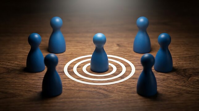 Blue wooden game pieces on a dark table with one pawn standing in the center of a white target circle representing leadership or customer focus