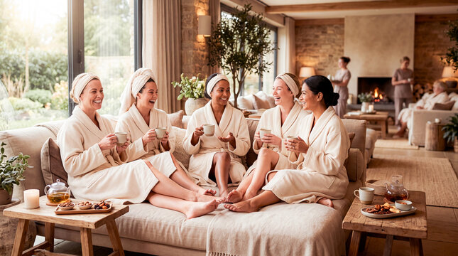 Spa Day Serenity: A group of women in plush robes and towels enjoy a tranquil spa day, sipping tea and sharing laughter in a serene, cozy lounge, embodying relaxation and self-care.