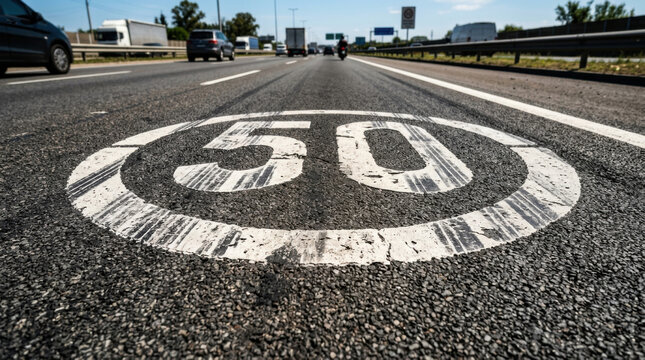 Speed Limit 50 Zone Marked On Asphalt Highway Surface