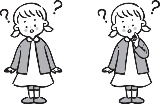 疑問を持つ女の子　全身　ベクター（モノクロ）