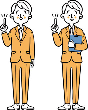 ポイントを説明する男性会社員　全身　ベクター（オレンジ）