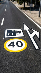 Obraz premium Speed Limit Enforcement Road Markings And Speed Camera Symbol On Asphalt