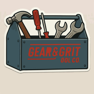 Vintage metal toolbox filled with various hand tools including a hammer and screwdrivers presented as a classic professional company logo