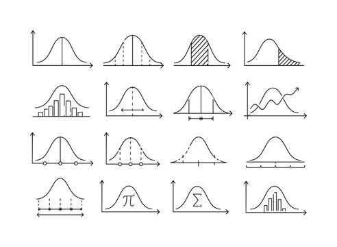 Bell Curve Statistics, one-line drawing set, create 12 minimal continuous single-line icons of bell curve graphs, normal distribution waves, histogram bars, probability diagrams, standard deviation