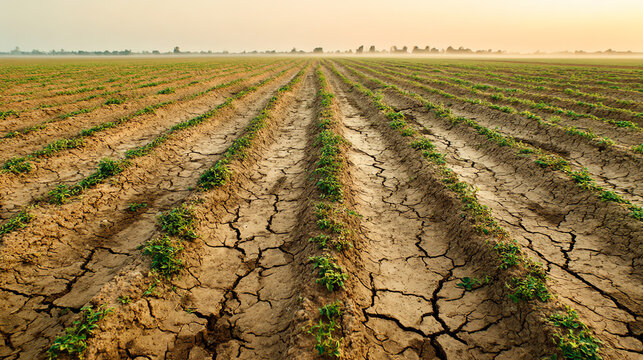 A cracked field showing rows of young plants struggling in dry soil, representing the impact of climate change on agriculture.