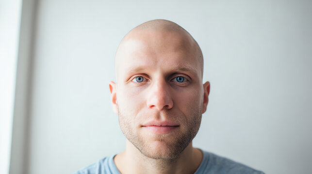 A focused individual with a bald head and blue eyes, exuding confidence and calm in a naturally lit environment.