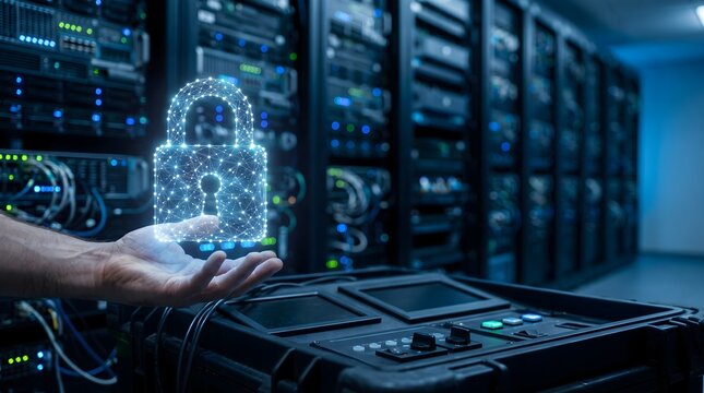 Hand presenting holographic padlock in data center server room