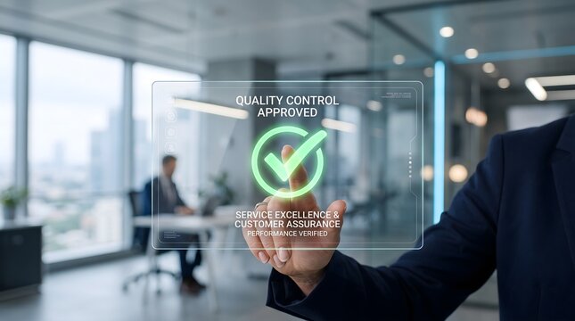 Business hand pressing quality control approved interface in modern office