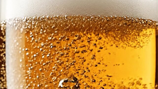 Refreshing golden beer with rising bubbles and a creamy foam head