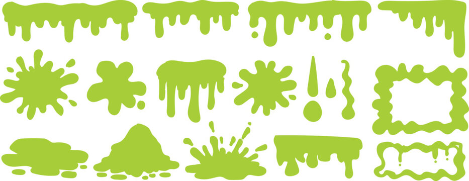 Slime Drip and Goo Splash Collection, Green Liquid Ooze Blob Vector Set