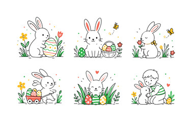 Fototapeta premium Minimal Easter Bunny, clean editorial illustration set with 6 separate small illustrations about minimalist bunny, decorated eggs, spring grass, holiday celebration, cute rabbit, countryside joy,