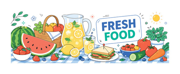 Fototapeta premium Fresh Summer Food Banner clean editorial stock illustration of fresh summer picnic food arranged across a park blanket, oversized watermelon slice and large lemonade pitcher as main objects, fruit and
