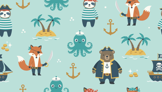 Repeated seamless pattern of cute cartoon pirate animal characters on blue background