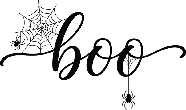 Halloween boo lettering with spiderweb and spiders black and white vector illustration isolated on transparent background