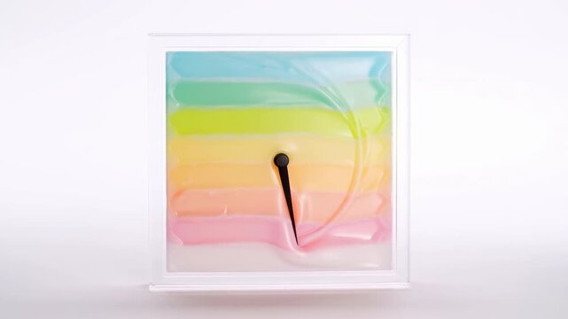 Black clock hand rotating across pastel gel bands inside transparent square frame showing progressive deformation