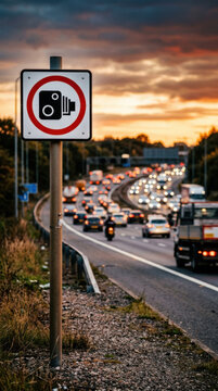 Speed Camera Sign On Busy Highway During Sunset Traffic Jam