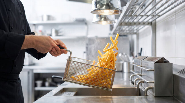 Dynamic action shot of crispy golden french fries tossing in metal wire fryer basket