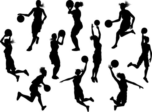 Silhouettes of women female basketball players in action. Set of dynamic poses including dribbling, shooting, and dunking. Ideal for sports graphics, design, or educational use. 