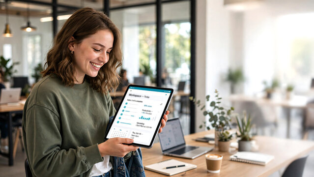 Young woman in casual wear smiling while standing in a modern coworking space, working or browsing on a digital tablet, contemporary technology concept .