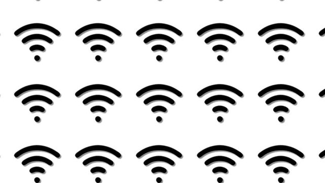 Animated wifi signal icon pattern on white with subtle shadow effect. Clean black wireless symbol repeats seamlessly. For technology, connectivity, and internet-related content.
