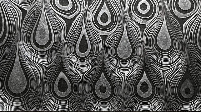 Raindrop Damascus steel pattern texture in high contrast black and white. Detailed macro background of forged metal wavy lines, circular steel ripple structure, abstract industrial alloy texture.