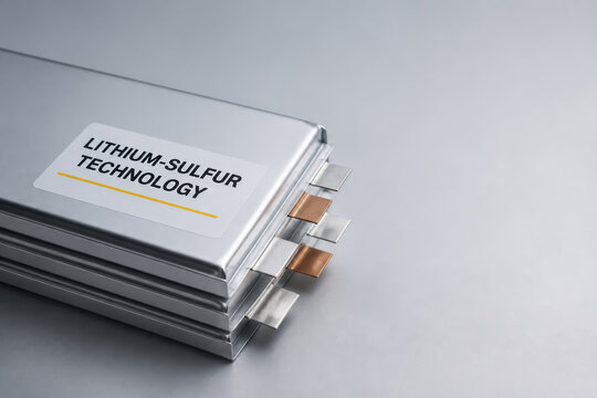 Next gen battery research lithium sulfur technology metallic cell clean energy power storage silver package electrode tab laboratory concept