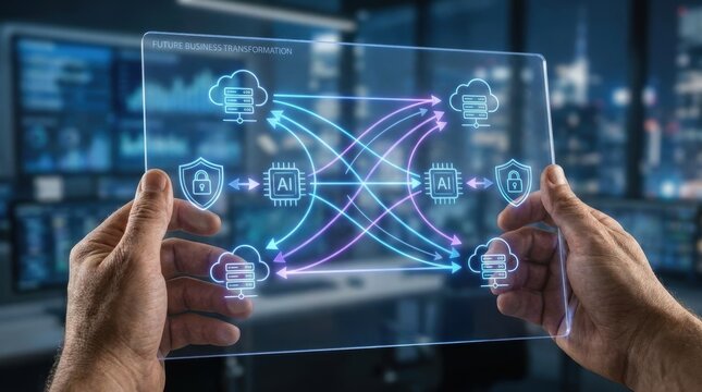 Strategic technology roadmap for business concepts. Transparent futuristic digital interface showing AI cloud computing network with security icons and data flow for business transformation
