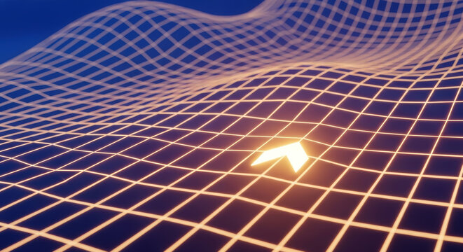 Strategic glowing arrow on digital grid surface representing navigation and direction in futuristic technology environment