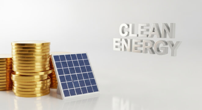 Clean energy concept with solar panel and gold coin stacks representing sustainable business practices for eco friendly investment growth