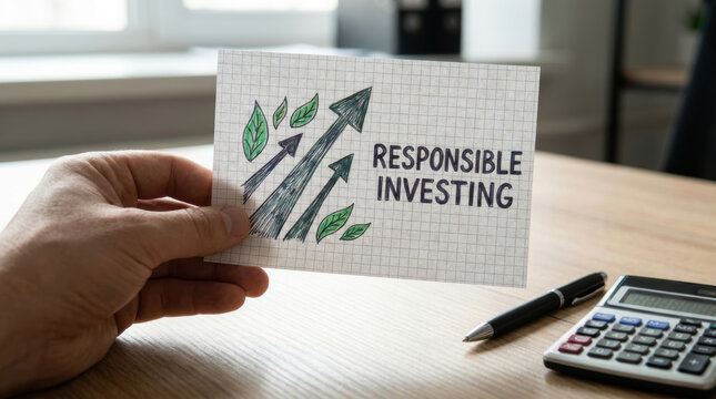 Sustainable finance growth Concepts. Hand holding card with responsible investing text and upward arrows with leaves symbolizing eco friendly sustainable financial growth concept