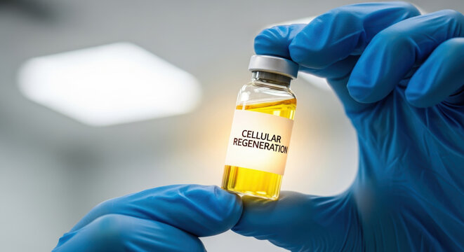 Biohacking longevity research cellular regeneration vial gloved hand laboratory medicine science
