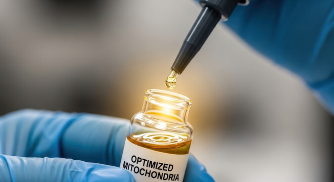 Optimized mitochondria biohacking longevity research in glass vial with gloved hand and dropper in laboratory