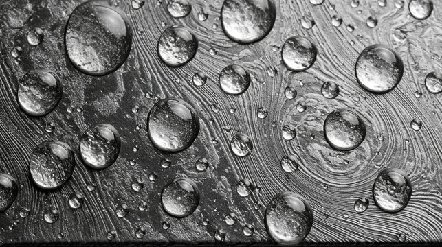 Raindrop Damascus steel pattern texture in high contrast black and white. Detailed macro background of forged metal wavy lines, circular steel ripple structure, abstract industrial alloy texture.