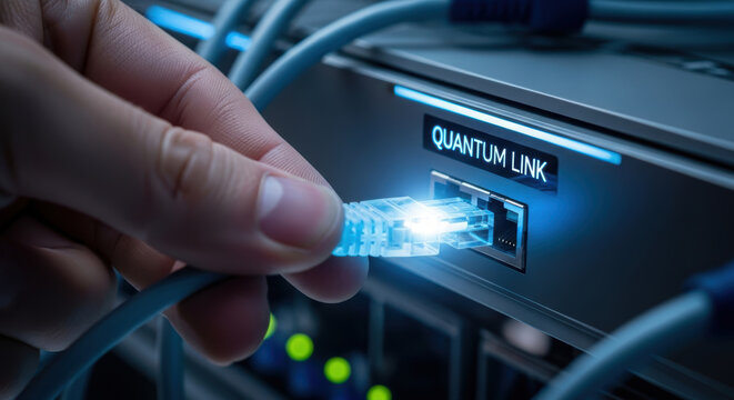 Quantum link connection with hand plugging network cable into port showing cybersecurity and threats protection concept