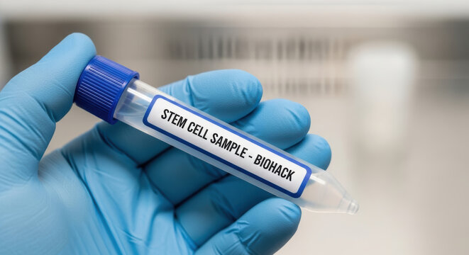 Stem cell sample in gloved hand for biohacking longevity research