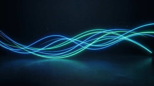 Neon light trails with blue and green glowing waves, futuristic technology background for digital innovation design