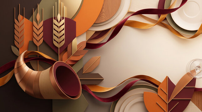 Thanksgiving background with cornucopia horn autumn leaf table setting frame copy space banner