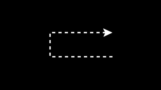 Animation of a dashed line moving along the path of an arrow; the dashed line turns right and moves slowly; black background; 4K video.