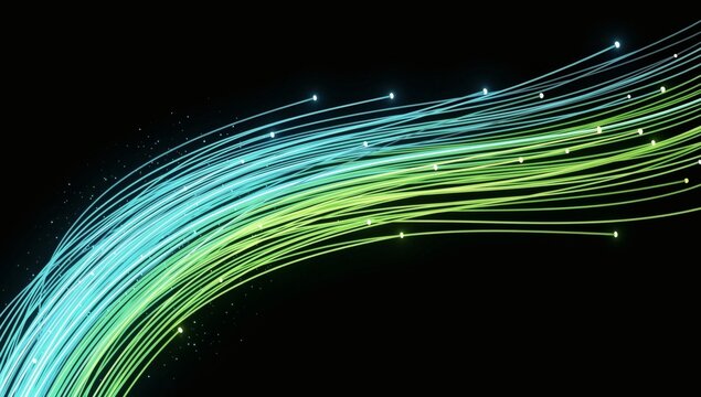 Neon Light Trails Background with Blue Green Glow Effects and Futuristic Particle Energy Design
