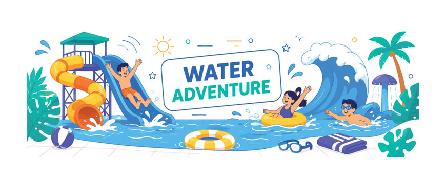 Water Adventure Banner clean editorial stock illustration of a water adventure scene in a summer aqua park with 3 characters exploring pools and slides, oversized twisting water slide and large wave