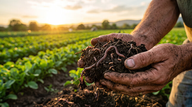 Agronomist Inspecting Healthy Soil and Earthworms on Organic Farm