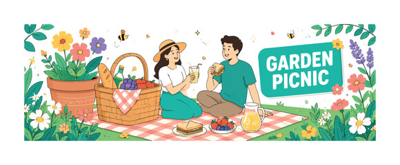 Fototapeta premium Garden Picnic Banner clean editorial stock illustration of a garden picnic with 2 people relaxing on a blanket among flowers, oversized picnic basket and large flower pot as main objects, blanket and
