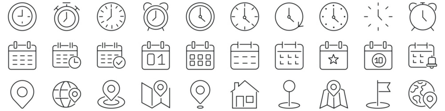 Time, Calendar and Location Editable Outline Icon Set. Map Pin, Address, Schedule and Navigation Line Symbols Isolated on  transparent Background.