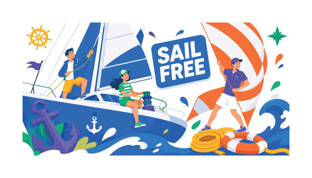 Sailboat Nautical Travel banner scene with three expressive stylized human sailors interacting with an oversized sailboat and giant wind sail, mast reaching top edge, yacht hull touching side edge,