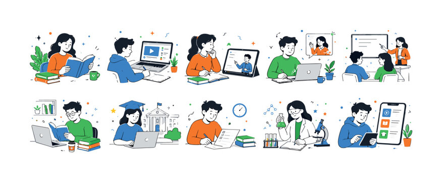 Online Education Scenes, clean editorial illustration set, not icons, create 10 separate small editorial illustrations about education: reading book, online course, video tutorial, distance learning,