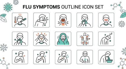 Fototapeta premium Collection of outline icons illustrating various flu symptoms for medical and health awareness.